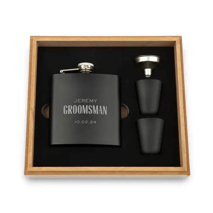 Wood Gift Box & Black Metal Hip Flask Set