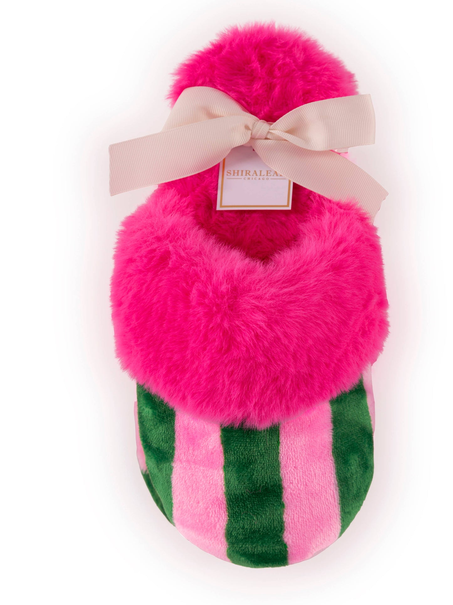 PINK & GREEN STRIPE SLIPPERS, PINK: S/M