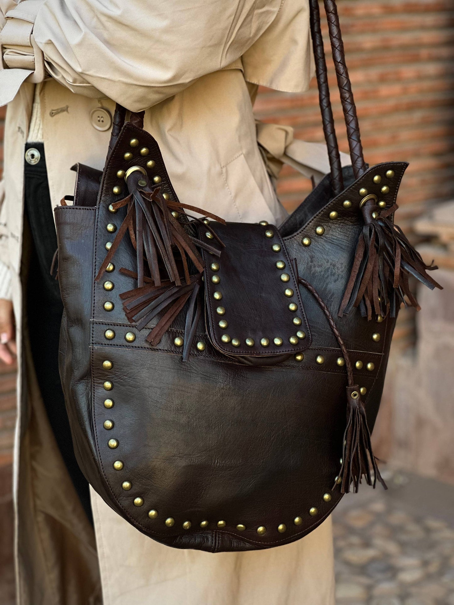 Handmade fringe Brown Leather Hobo Bag, Chic Shoulder Purse