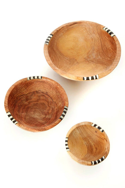 Set of Three Wild Olive Wood Bowls with Dyed Bone Inlay