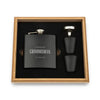 Wood Gift Box & Black Metal Hip Flask Set