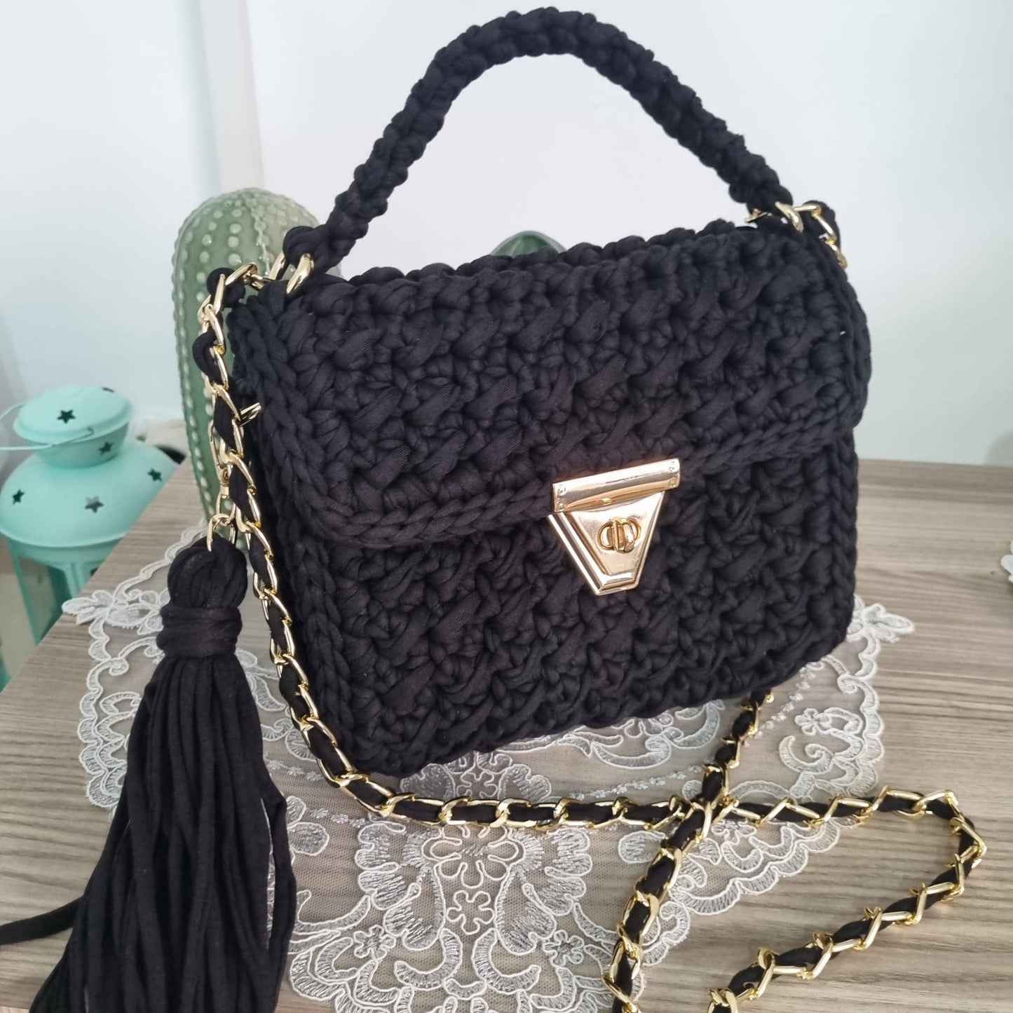 CHQEL Black Clutch Bag for Women, Handmade Crochet Purse