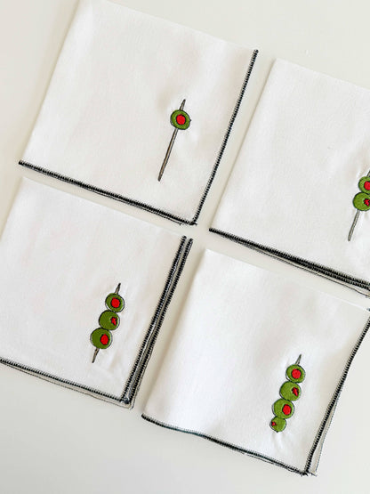 Martini Olive Cocktail Napkins, set of four- White