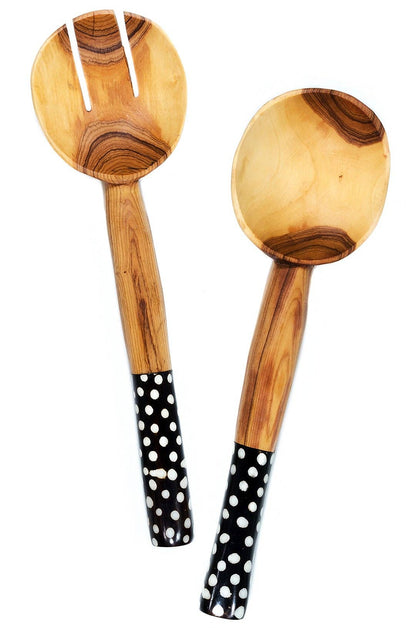 Kenyan Olive Wood Salad Servers with Polka Dot Bone Handles