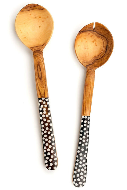 Kenyan Wild Olive Wood and Polka Dot Cow Bone Flat Handle Servers