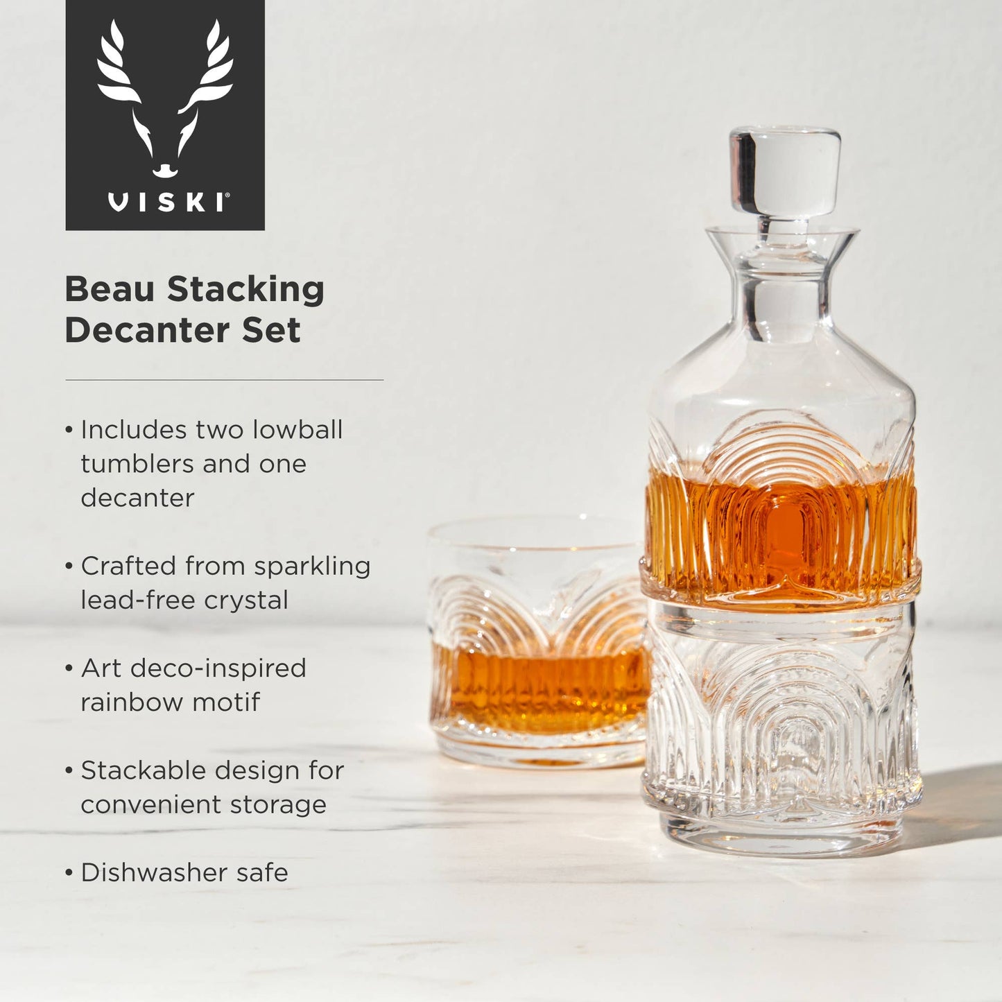 Deco Beau Stacking Crystal Decanter & Tumbler Set - Set of 3 pieces