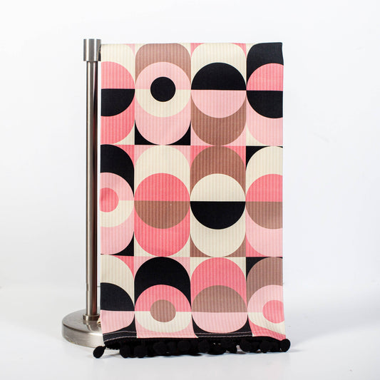 Pink Circle in Oval Mid Century Modern Tea Towel with Trim