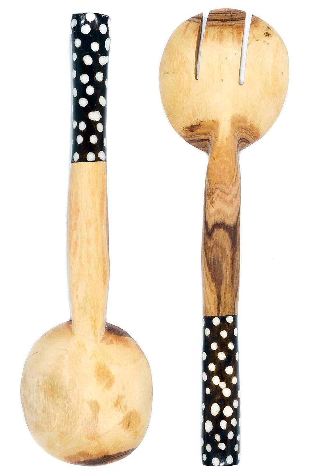 Kenyan Olive Wood Salad Servers with Polka Dot Bone Handles