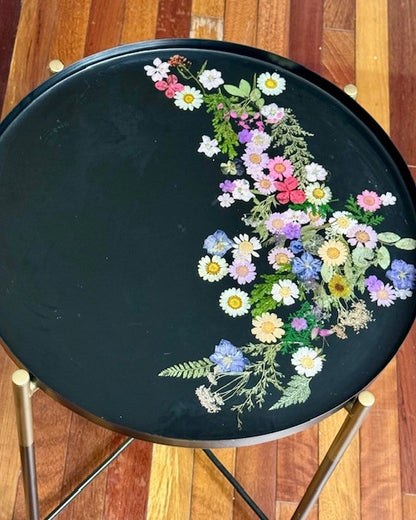 Metal and Flower Resin Side Table and Serving Tray