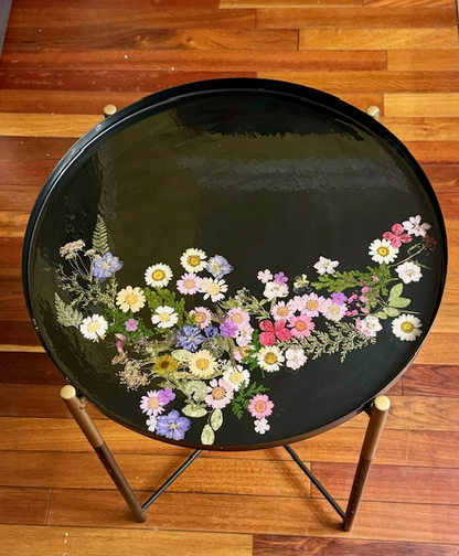 Metal and Flower Resin Side Table and Serving Tray