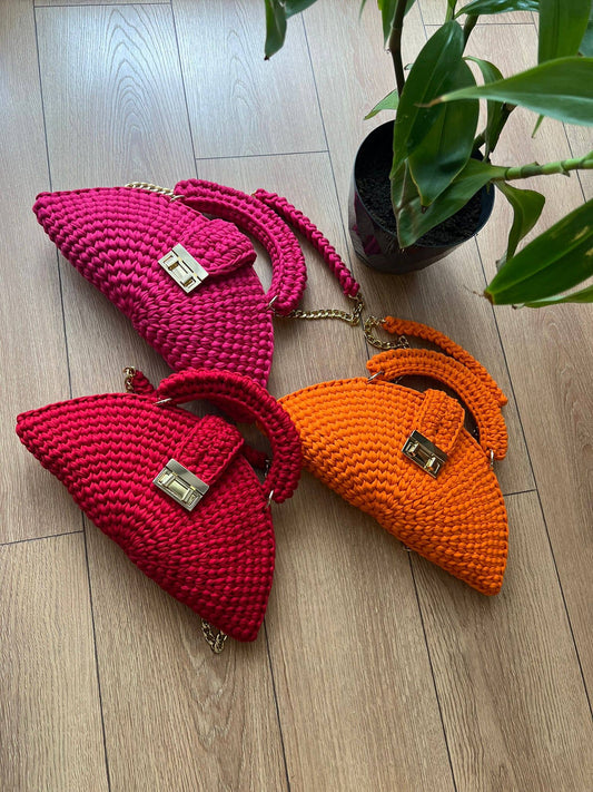 CHQEL Orange Round Clutch Bag for Women, Handmade Crochet Purse