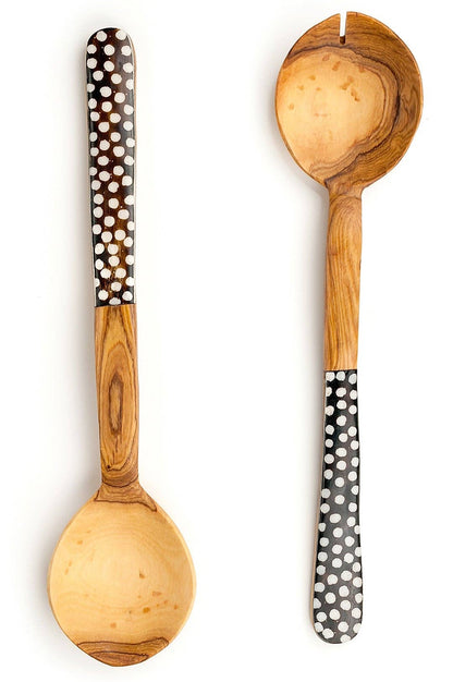 Kenyan Wild Olive Wood and Polka Dot Cow Bone Flat Handle Servers