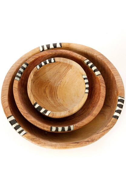 Set of Three Wild Olive Wood Bowls with Dyed Bone Inlay